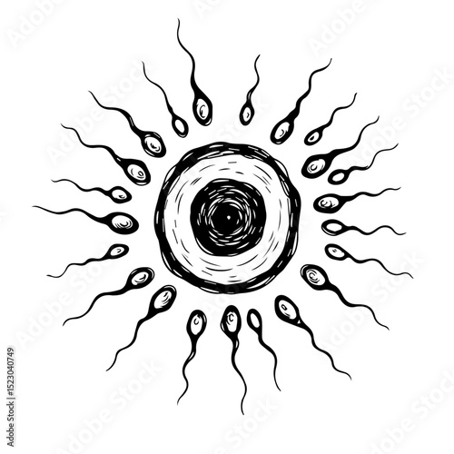 Hand drawn sperm cells surrounding egg. Detailed illustration of human fertilization process.  Artistic rendering ideal for educational materials, medical publications,