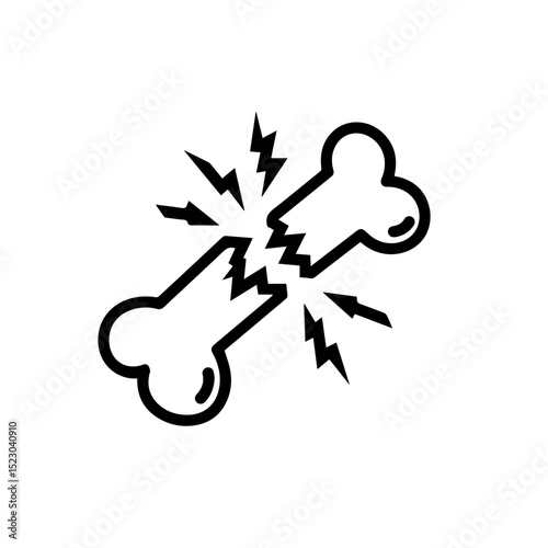 Broken bone icon, fracture symbol, cracked bone illustration. This simple graphic shows a broken bone with sharp cracks and lightning bolts, indicating pain and injury.