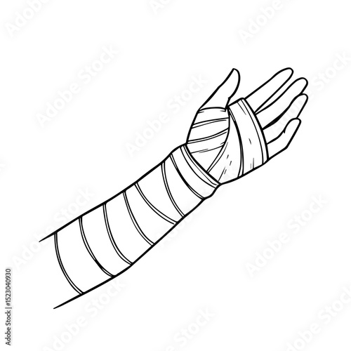Hand and forearm in bandage. Arm injury shown in detailed illustration. Medical bandage supplies and first aid concept for trauma, gynecology or pregnancy related materials.