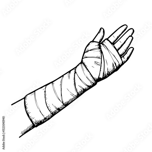 Bandaged arm hand injury sketch. Detailed drawing shows arm wrapped in bandage.  Medical illustration perfect for brochures and educational materials on trauma care,