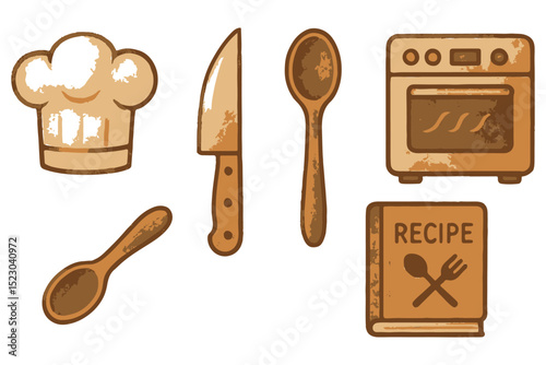 cozy kitchen icon set featuring tools like spoon, knife, chef hat and oven for food preparation