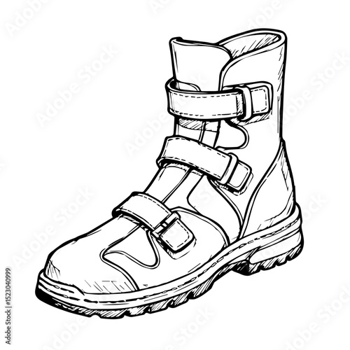 Sturdy ankle boot with multiple straps and buckles.  Durable footwear design, perfect for outdoor adventures or demanding work conditions.