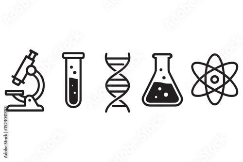 microscope, test tube, dna strand, chemistry flask and atom symbol icons collection for science and research concepts, vector style icon set