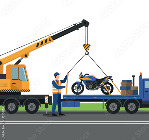 Motorcycle Loading onto Truck with Crane and Worker in Safety Vest Vector Illustration 