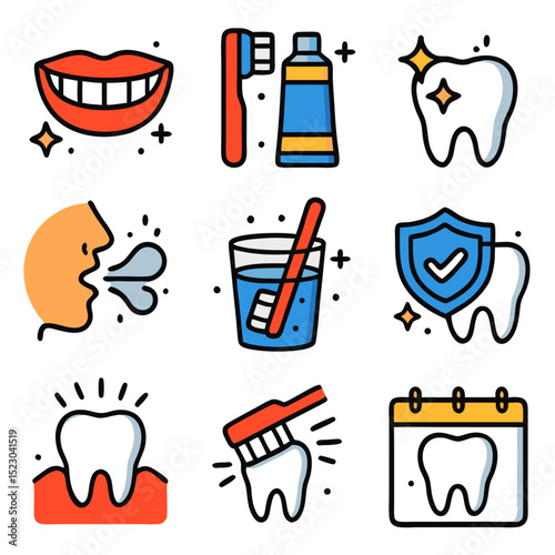 Healthy teeth care icon set for tooth maintenance. Suitable for dental websites, infographics, brochures, and educational materials on oral health.
