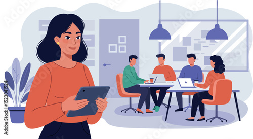 Woman holding tablet in office with team meeting and modern workspace vector illustration 