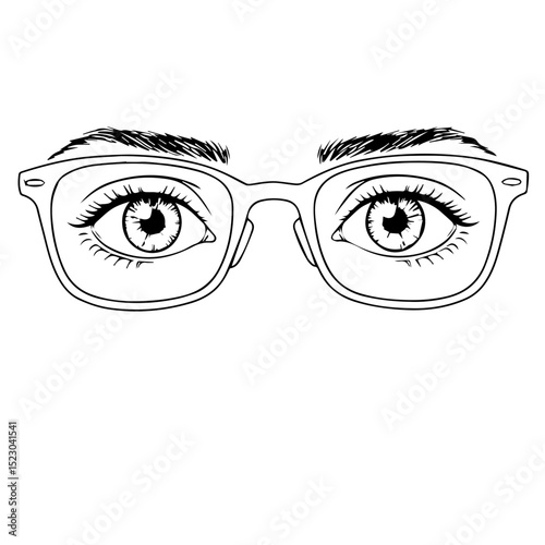 Closeup illustration of two eyes wearing glasses. Detailed drawing of eyes and eyebrows behind stylish spectacles.