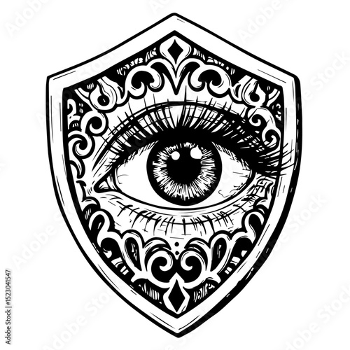 Ornate eye inside shield. Detailed eye drawing with decorative frame.  Intricate eye graphic perfect for ophthalmology branding, eye care logos, or body part illustrations.