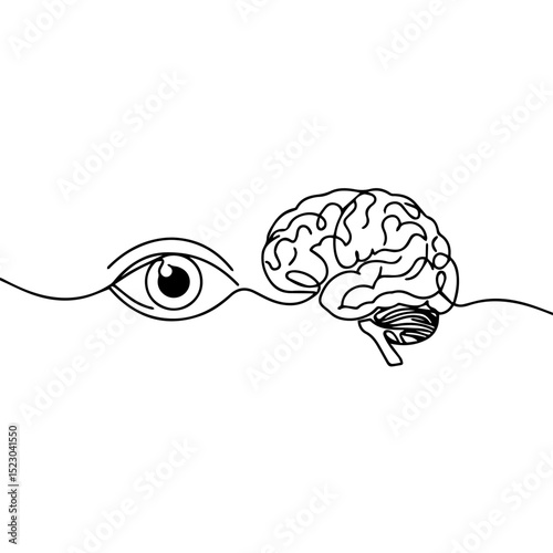 Continuous line drawing of eye and brain. Single line art illustration showing human eye and brain. Simple minimalist design perfect for medical publications, ophthalmology brochures,