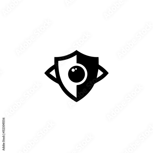 Eye protection shield logo.  Stylish black and white shield icon with eye symbol inside.  This strong graphic image is perfect for ophthalmology branding, eye care clinic, or visual health company.