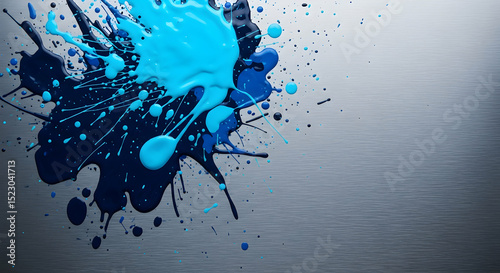 Dynamic Paint Splatters In Aqua And Navy On A Metallic Surface