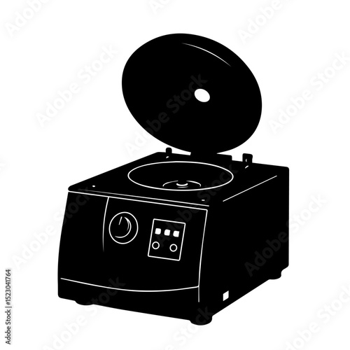 Medical centrifuge with open lid, control panel, and buttons.  Laboratory equipment for blood or tissue sample processing. This high-speed centrifuge is ideal for medical research, diagnostics,