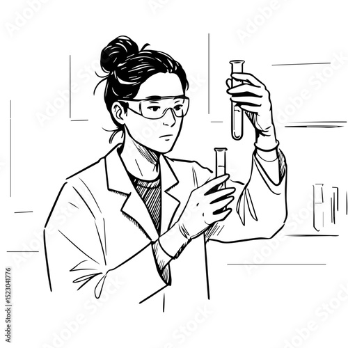 Scientist examining test tubes in lab.  Lab researcher carefully analyzes samples in glass tubes.  Detailed illustration perfect for scientific publications or ophthalmology educational materials.