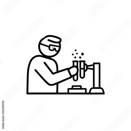 Scientist working in lab with test tubes and beaker.  Researcher conducts experiment, mixing chemicals in glassware. Detailed illustration perfect for medical publications, ophthalmology brochures,