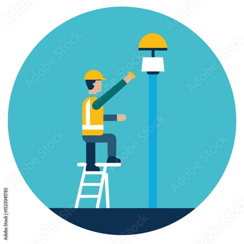 Construction worker adjusting light fixture while standing on ladder in a circular illustration