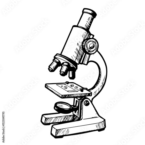 Detailed drawing of classic microscope. Scientific instrument with lens, stage, and base.  Microscope illustration perfect for educational materials, medical publications, or ophthalmology websites.