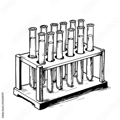 Test tubes rack with liquid samples for medical research.  Detailed illustration shows twelve test tubes filled with various liquids.
