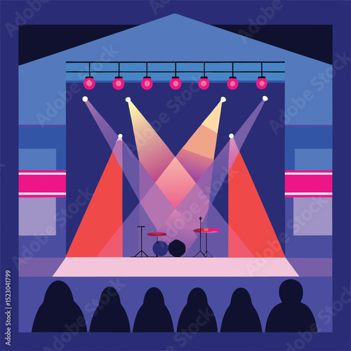 Concert stage with illuminated lights and silhouetted audience in a vector illustration