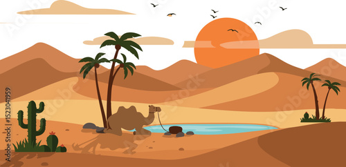 Desert landscape with camel and oasis under orange sun and palm trees vector illustration 