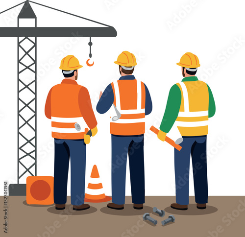 Construction workers wearing safety vests and helmets at building site with crane vector illustration 