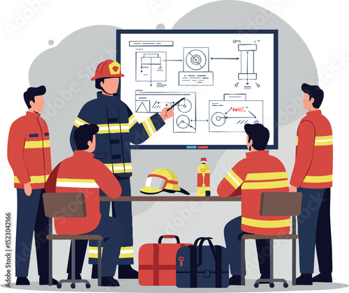 Firefighters Team Training Safety Procedures Presentation in Meeting Room Vector Illustration 