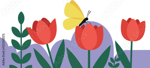Red Tulips with Yellow Butterfly Vector Illustration in Garden Scene 
