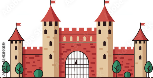 Medieval castle fortress with red brick walls and towers vector illustration 