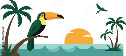 Tropical toucan bird sunset with palm trees ocean landscape vector illustration 