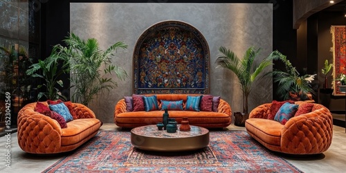 Interior view showing orange quilted sofas with turquoise and red cushions in a decorated room