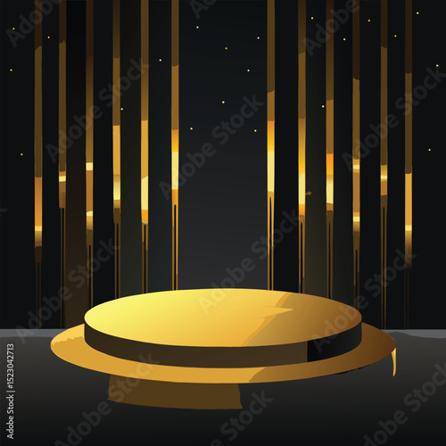 Elegant gold podium stage with golden ribbons and a starry black background