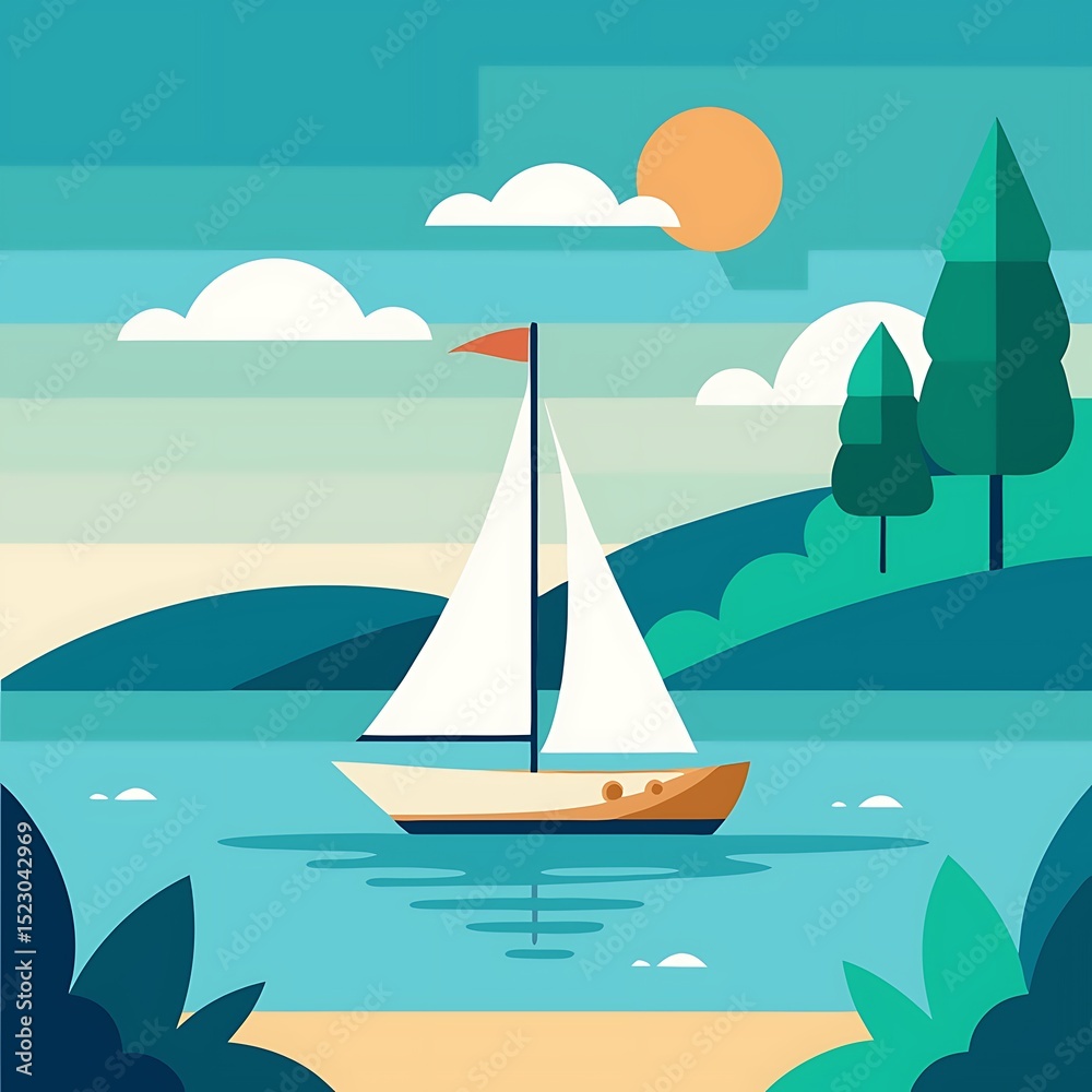 Naklejka premium Sailboat on Calm Sea in Minimal Scene