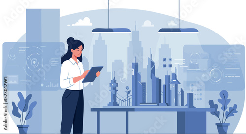 Woman Architect Designing Urban Cityscape with Digital Tablet in Office Vector Illustration 