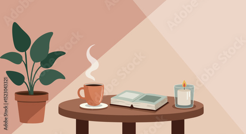 Cozy indoor scene with green plant, steaming coffee cup, book, and lit candle on wooden table 