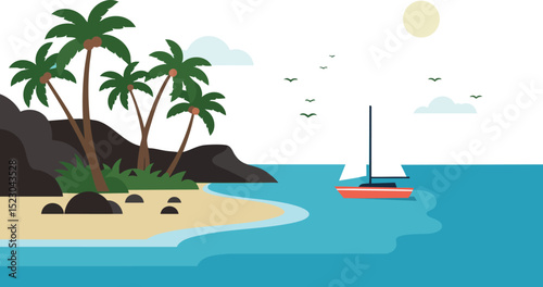 Tropical island coastline with palm trees and sailboat on calm sea at sunny day vector 