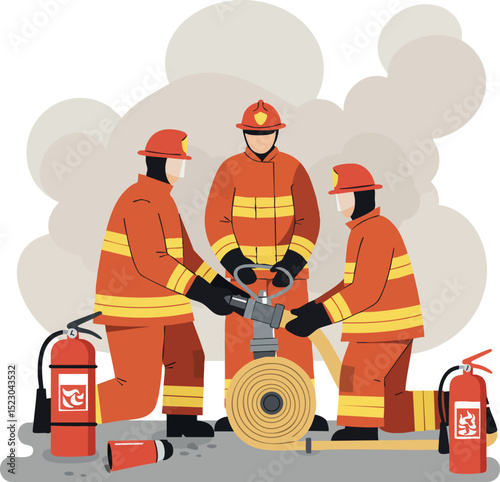 Firefighters working with fire hose and extinguishers in smoke emergency scene vector illustration 