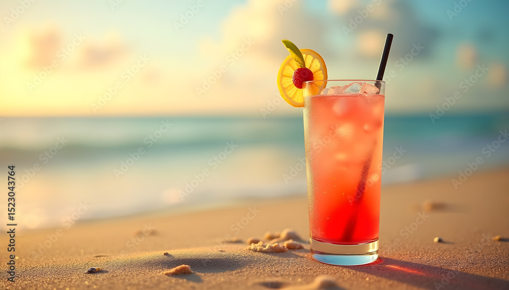 Obraz premium Summer cocktail with a cheerful vibe on a sandy beach at sunset copy space