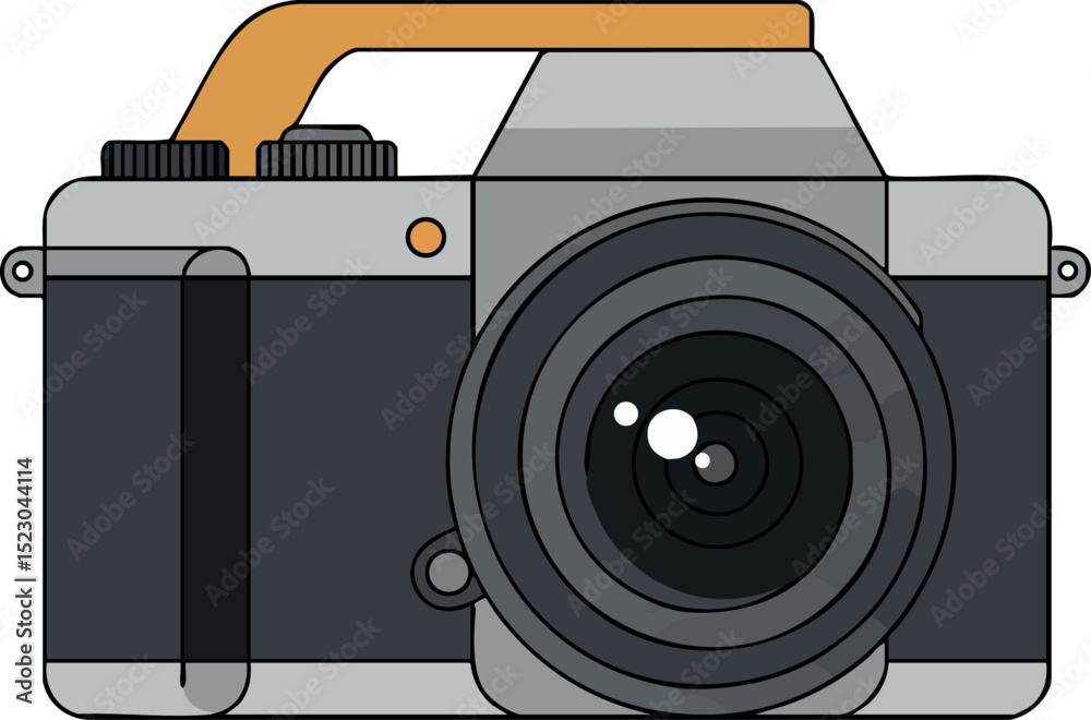 Vintage camera with gray body and orange handle in simple vector style 