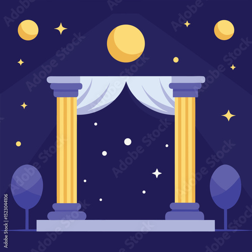 Elegant stage with columns under the night sky featuring moons and stars in a flat design