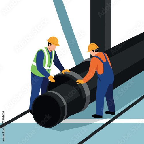 Construction workers installing large black pipe in industrial setting vector illustration 