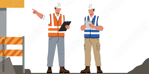 Construction workers discussing project plans on site with safety vest and helmet vector illustration 