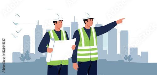 Construction workers with blueprint in reflective vests pointing at city skyline vector illustration 