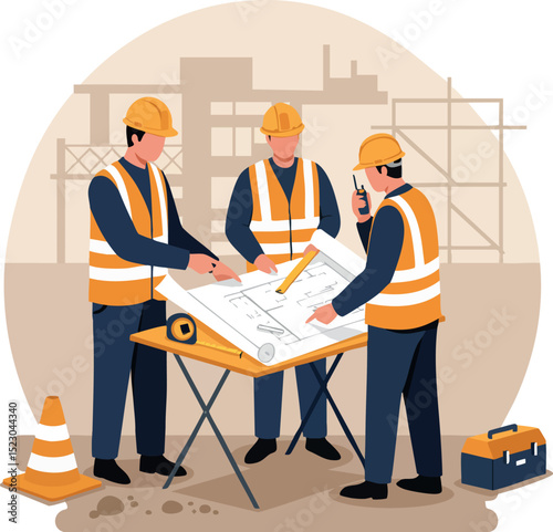 Construction workers discussing building plans on site with safety gear and tools vector illustration 