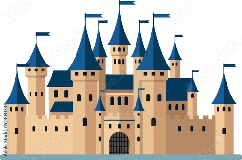 Medieval castle with blue turrets and flags vector illustration in flat style 