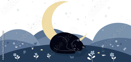 Sleeping black cat under crescent moon on floral night landscape vector illustration 