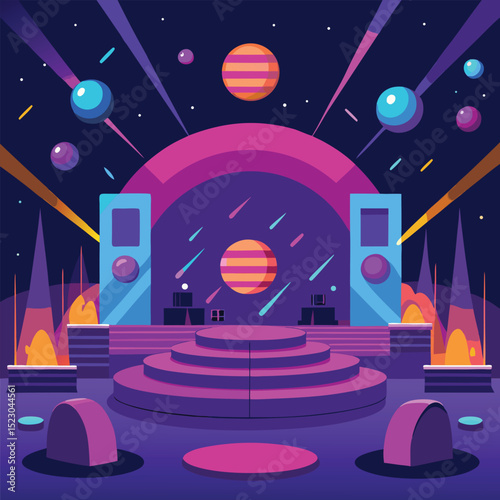 Futuristic stage design with celestial bodies for music concerts and events