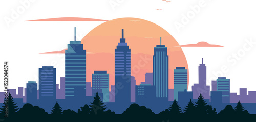 Urban city skyline with sunset background and forest silhouette vector illustration 