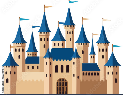 Medieval castle with blue turrets and flags vector illustration in flat design style 