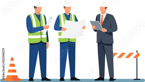 Construction workers and manager discussing blueprint on site with safety vest and cone vector illustration 