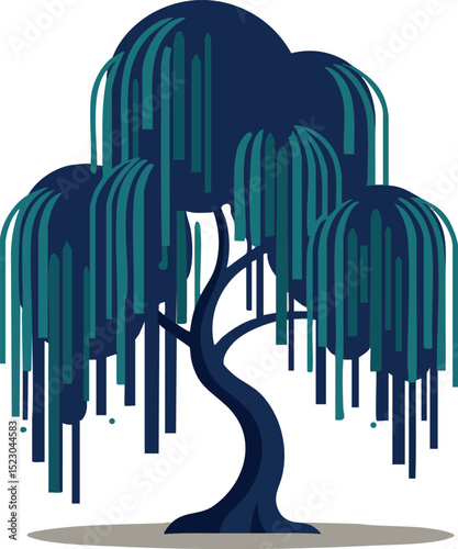 Willow tree with hanging branches vector illustration in blue and dark tones 