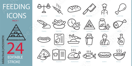 Feeding Vector Icon Set | Adjustable Line Weight | Balanced diet, barbecue, dining, bread, knife, chef, food pyramid, chopping, ham leg, hotdog, keto diet, recipe, pizza, nutritionist outline icons